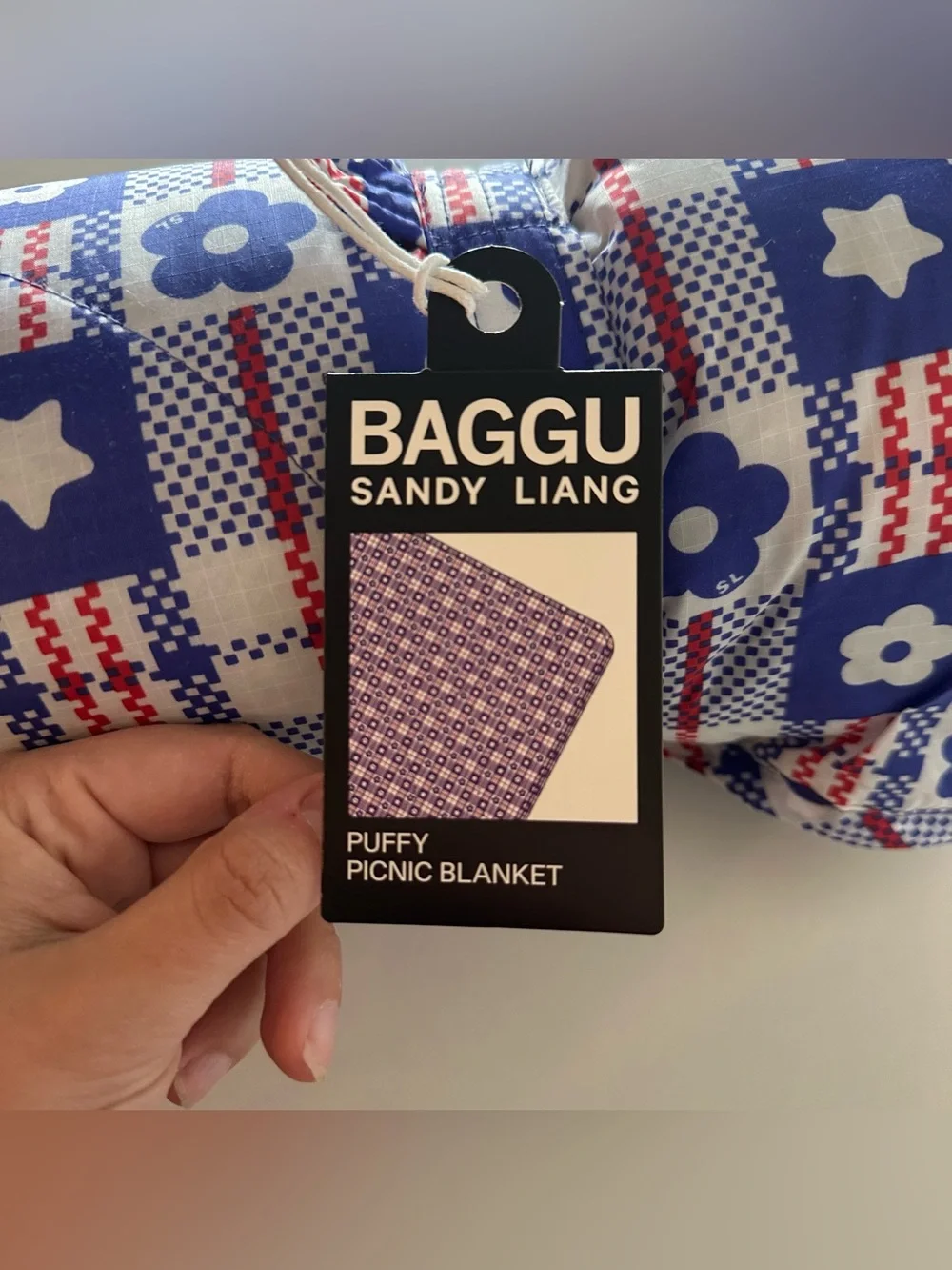 NEW Sandy Liang X Baggu Puffy Picnic Blanket Blue Market Plaid  New with tags, n